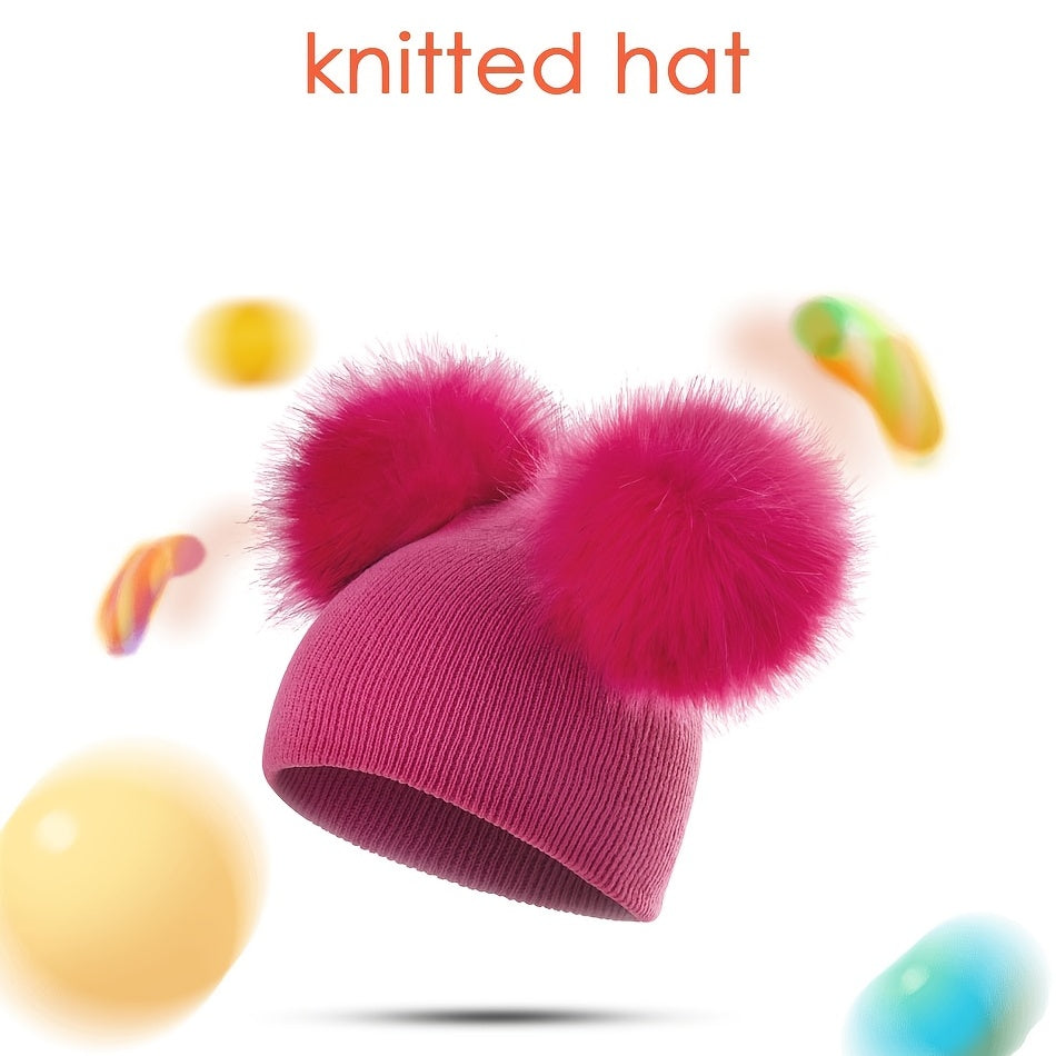 1-3 Years Old Kids' Warm Knitted Beanie Hat with Pompoms Fur Ball, Soft and Cozy for Boys and Girls