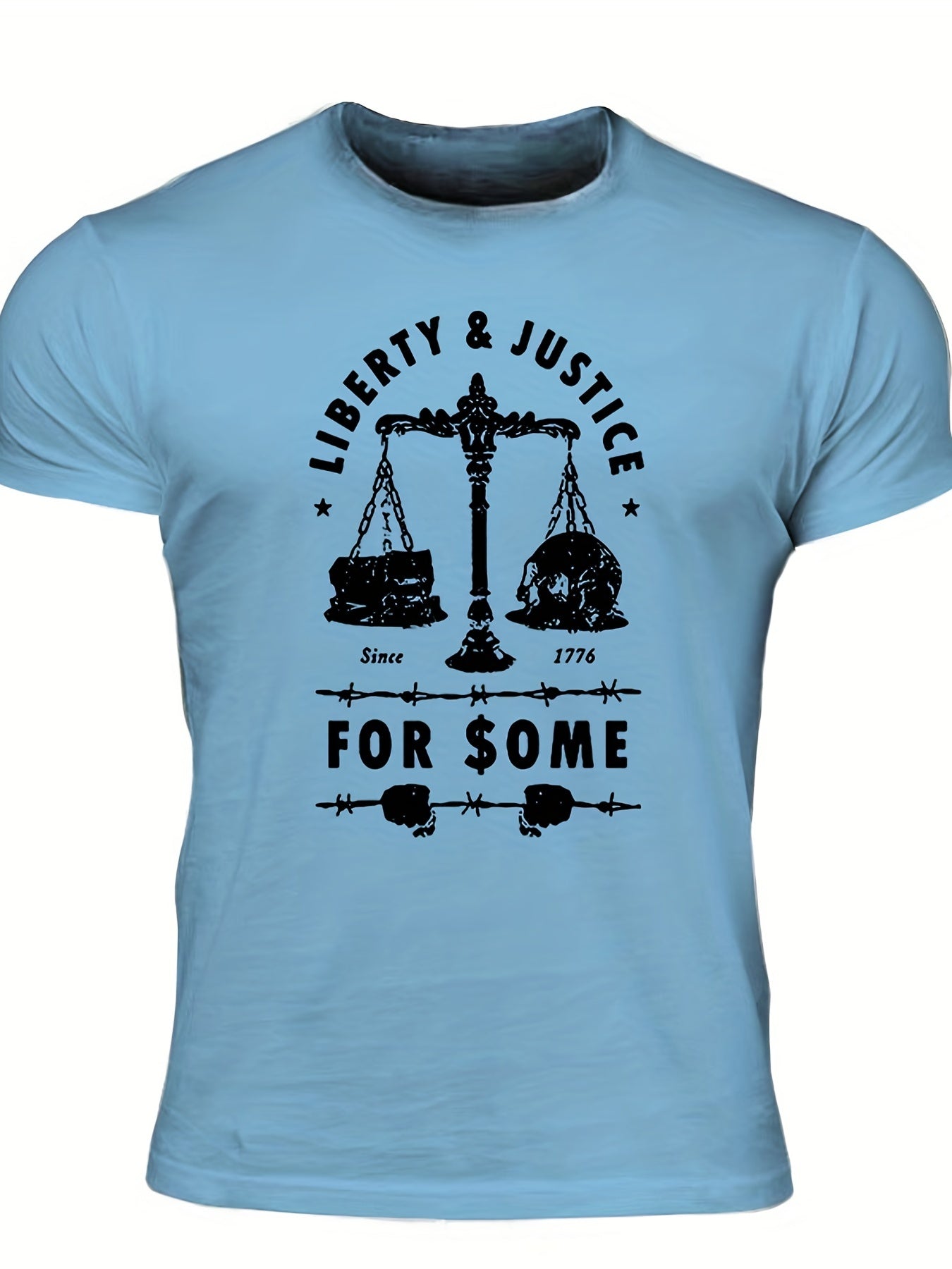 Men's "Liberty & Justice" Print T-shirt, Casual Comfy Slightly Stretch Crew Neck Tee, Men's Clothing For Summer Outdoor