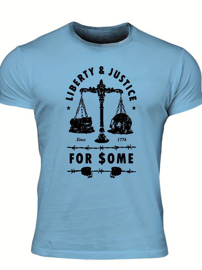 Men's "Liberty & Justice" Print T-shirt, Casual Comfy Slightly Stretch Crew Neck Tee, Men's Clothing For Summer Outdoor