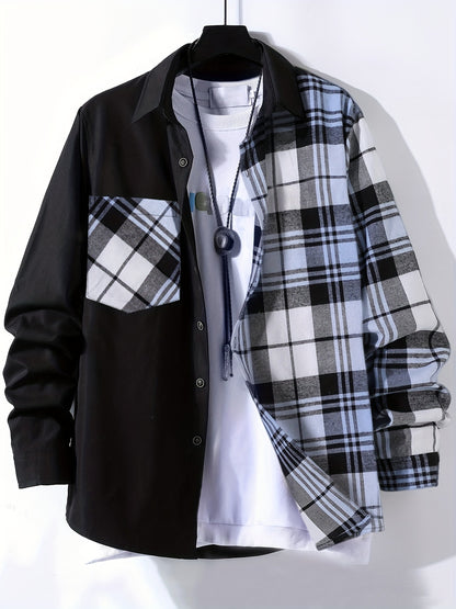 Vibrant Plaid Pattern Collage Chest Pocket Long Sleeve Button Up Shirt - Stylish Casual Wear for Spring, Summer, and Fall Outdoor Activities - Soft, Breathable, and Comfortable Men's Clothing for Everyday Wear
