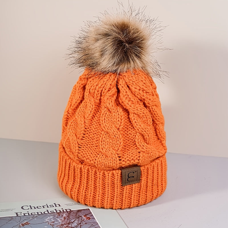 Winter Oversized Solid Color Cable Knitted Pom Pom Beanie Hat, Valentine's Gifts For Her