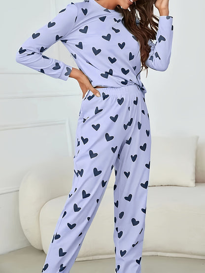Long Sleeve Heart Print Pajama Set, Crew Neck Top & Elastic Waistband Pants for Women's Sleepwear & Loungewear