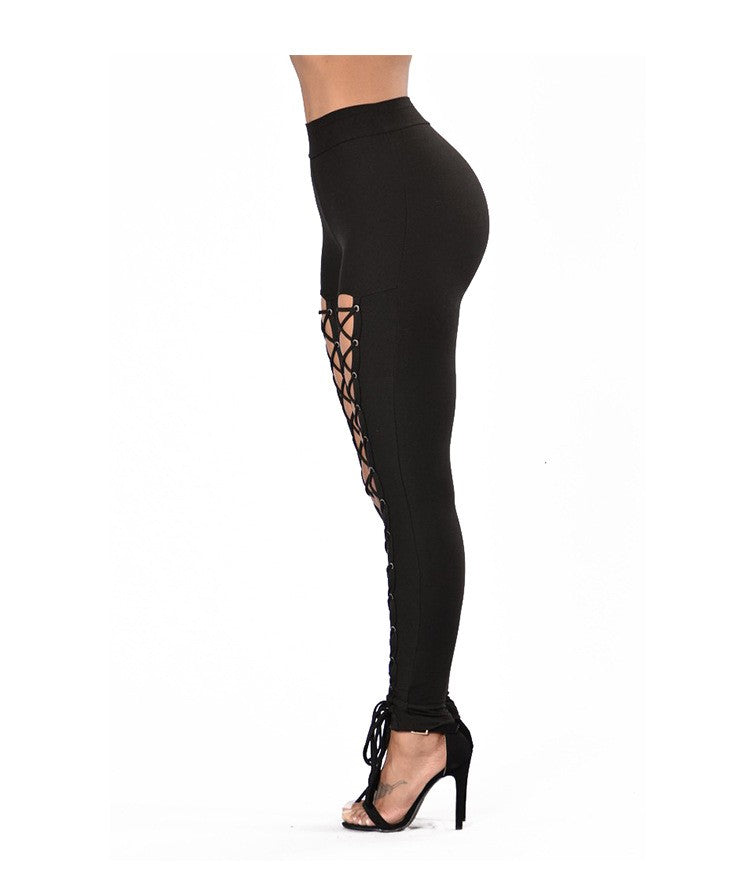 Sexy Loose Cross Lace Up Pants, Solid Double Breasted Cross Strap Tie Fashion Pants, Women's Clothing