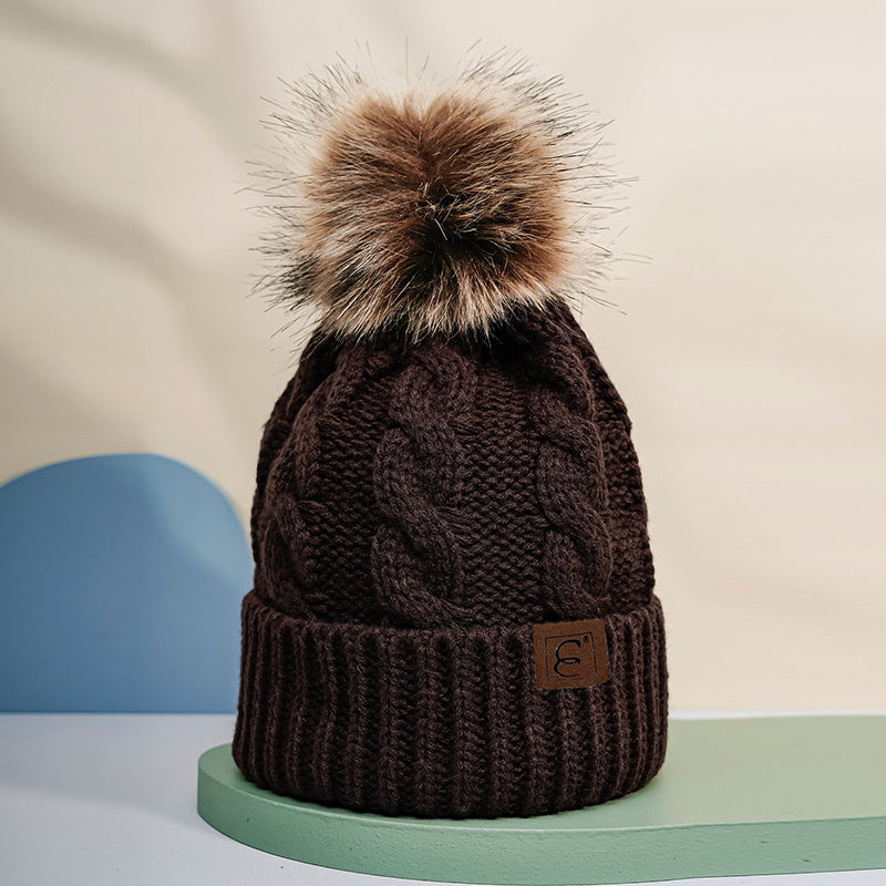 Winter Oversized Solid Color Cable Knitted Pom Pom Beanie Hat, Valentine's Gifts For Her