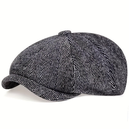 Men's Retro Octagonal Herringbone Hat, Casual Striped Beret, Gatsby Flat Hat