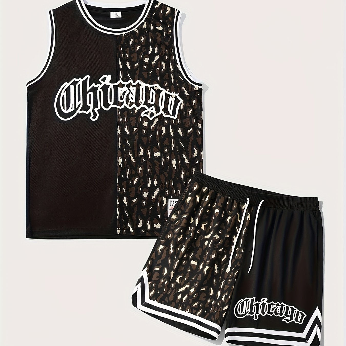 Men's 2 Piece Outfits, Chicago Letter Print, Striped Cuff Casual Graphic Tanktop And Loose Drawstring Shorts Set, Men's Clothing