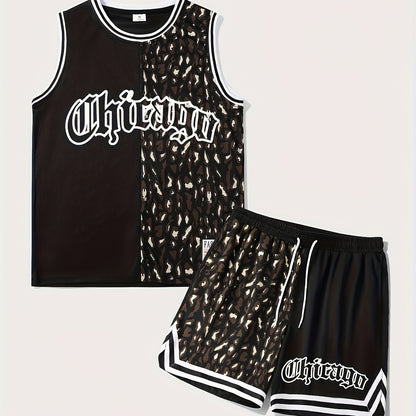 Men's 2 Piece Outfits, Chicago Letter Print, Striped Cuff Casual Graphic Tanktop And Loose Drawstring Shorts Set, Men's Clothing