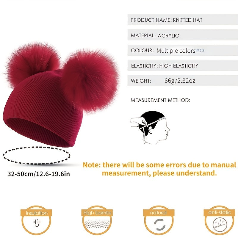 1-3 Years Old Kids' Warm Knitted Beanie Hat with Pompoms Fur Ball, Soft and Cozy for Boys and Girls