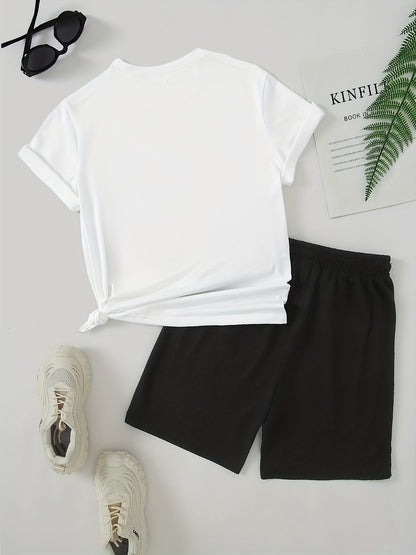 Big Smile Pattern 2Pcs Trendy Outfits For Men, Casual Crew Neck Short Sleeve T-shirt And Drawstring Shorts Set For Summer, Men's Clothing for Vacation Workout