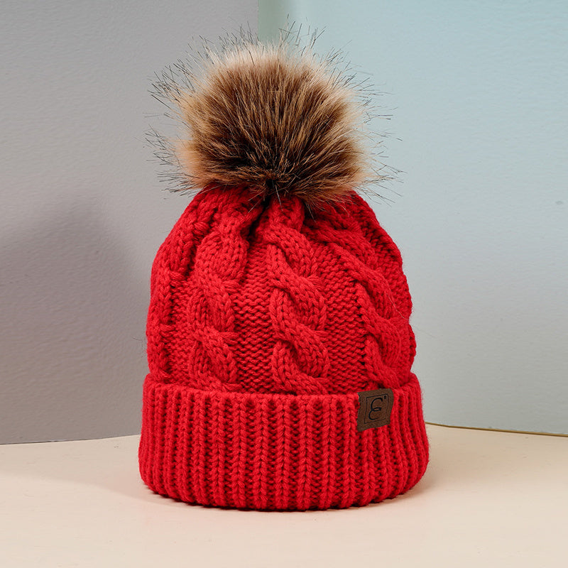 Winter Oversized Solid Color Cable Knitted Pom Pom Beanie Hat, Valentine's Gifts For Her