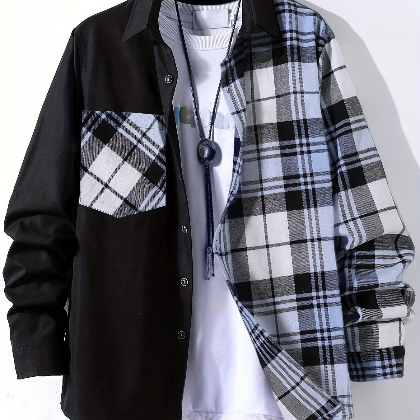 Vibrant Plaid Pattern Collage Chest Pocket Long Sleeve Button Up Shirt - Stylish Casual Wear for Spring, Summer, and Fall Outdoor Activities - Soft, Breathable, and Comfortable Men's Clothing for Everyday Wear