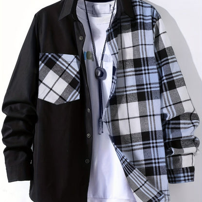 Vibrant Plaid Pattern Collage Chest Pocket Long Sleeve Button Up Shirt - Stylish Casual Wear for Spring, Summer, and Fall Outdoor Activities - Soft, Breathable, and Comfortable Men's Clothing for Everyday Wear