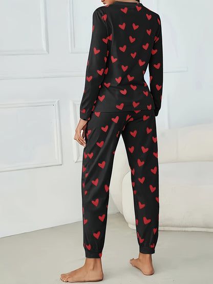 Long Sleeve Heart Print Pajama Set, Crew Neck Top & Elastic Waistband Pants for Women's Sleepwear & Loungewear