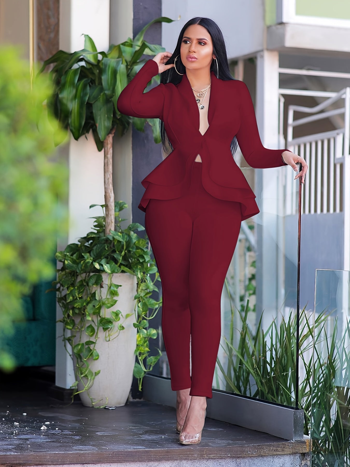 Fall/Winter Chic Solid Bodycon Tunic Pantsuit - Deep V-Neck, Ruffled Hem, Long Sleeve, Easy-Care Stretch Fabric for Casual Elegance