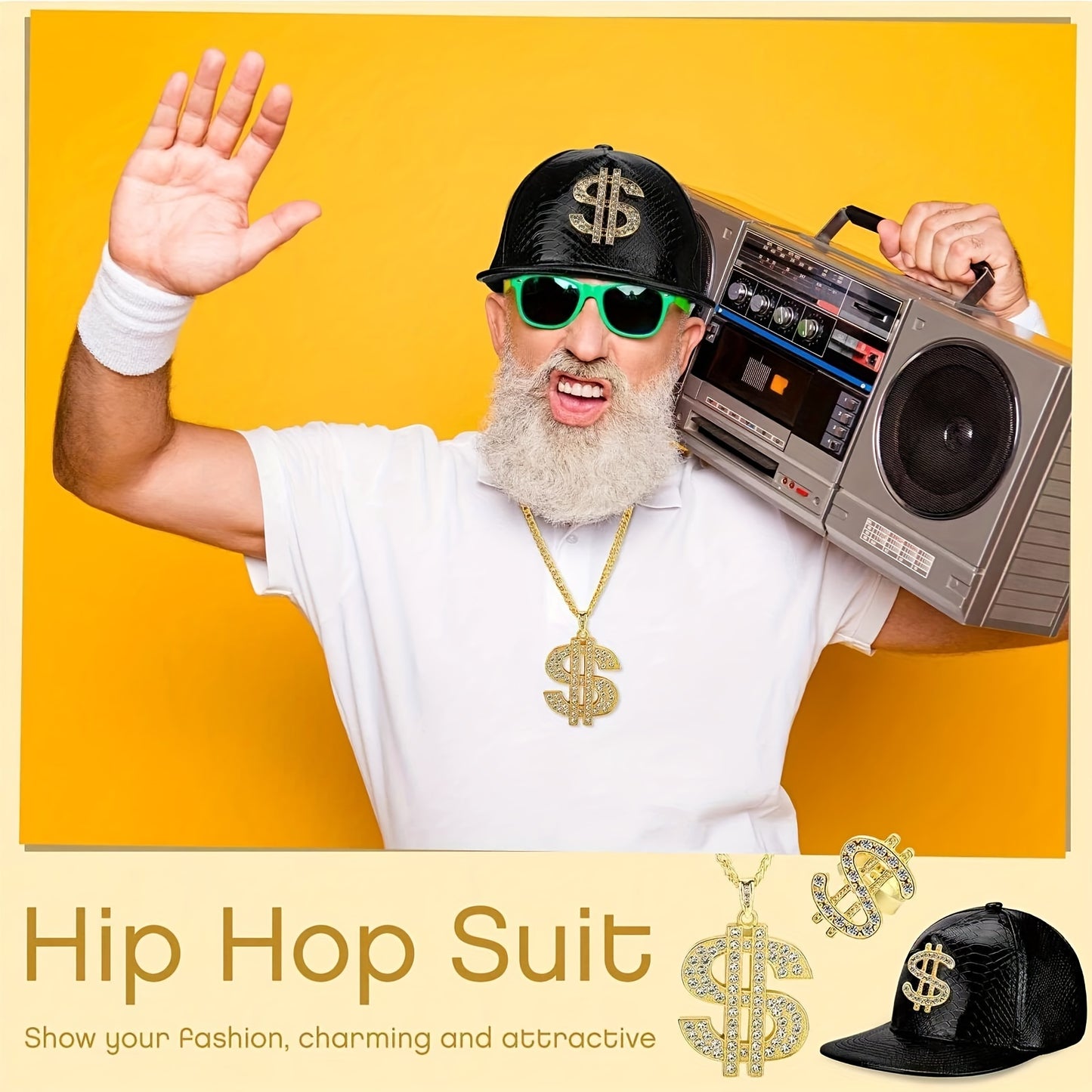 5Pcs Hip Hop Costume Kit 80s 90s Rapper Accessories Set Gold Rapper Hat Baseball Cap Punk Sunglasses Gold Dollar Sign Pendant Necklace Ring Bracelet For Men Women Carnivals, Throwback Party Outfit Halloween Jewelry Fun Access