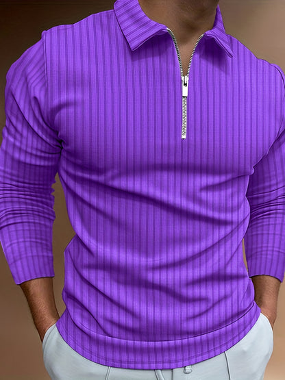 Vertical Stripe Men's Casual Long Sleeve Zipper Shirts, Lapel Collar Tops Pullovers, Men's Clothing For Spring Autumn