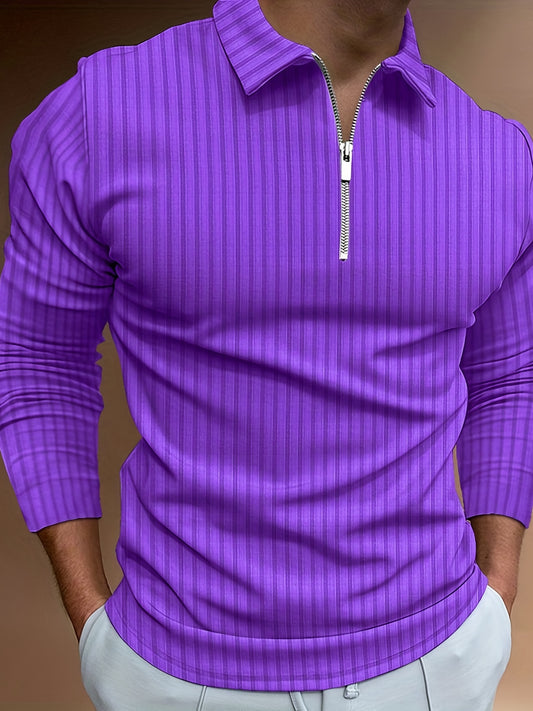 Vertical Stripe Men's Casual Long Sleeve Zipper Shirts, Lapel Collar Tops Pullovers, Men's Clothing For Spring Autumn