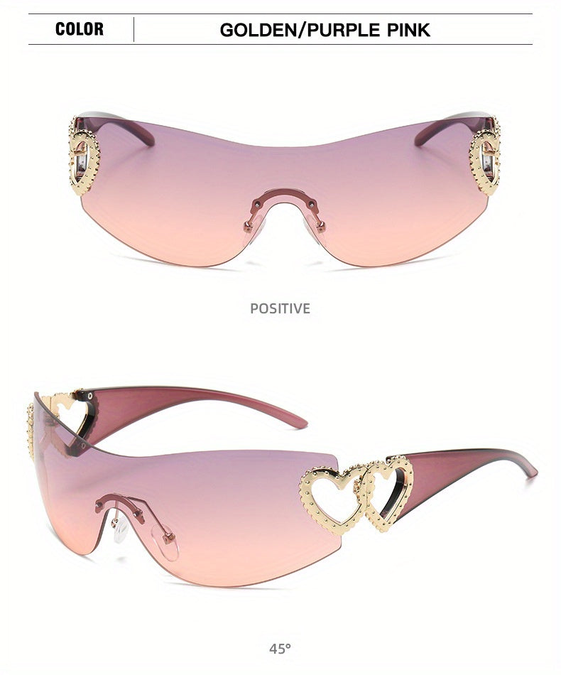 Y2K Wrap Around Fashion Sunglasses For Women Men One-piece Gradient Lens Glasses Heart Design Hollow Temple Eyewear sunglasses