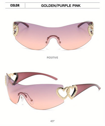 Y2K Wrap Around Fashion Sunglasses For Women Men One-piece Gradient Lens Glasses Heart Design Hollow Temple Eyewear sunglasses