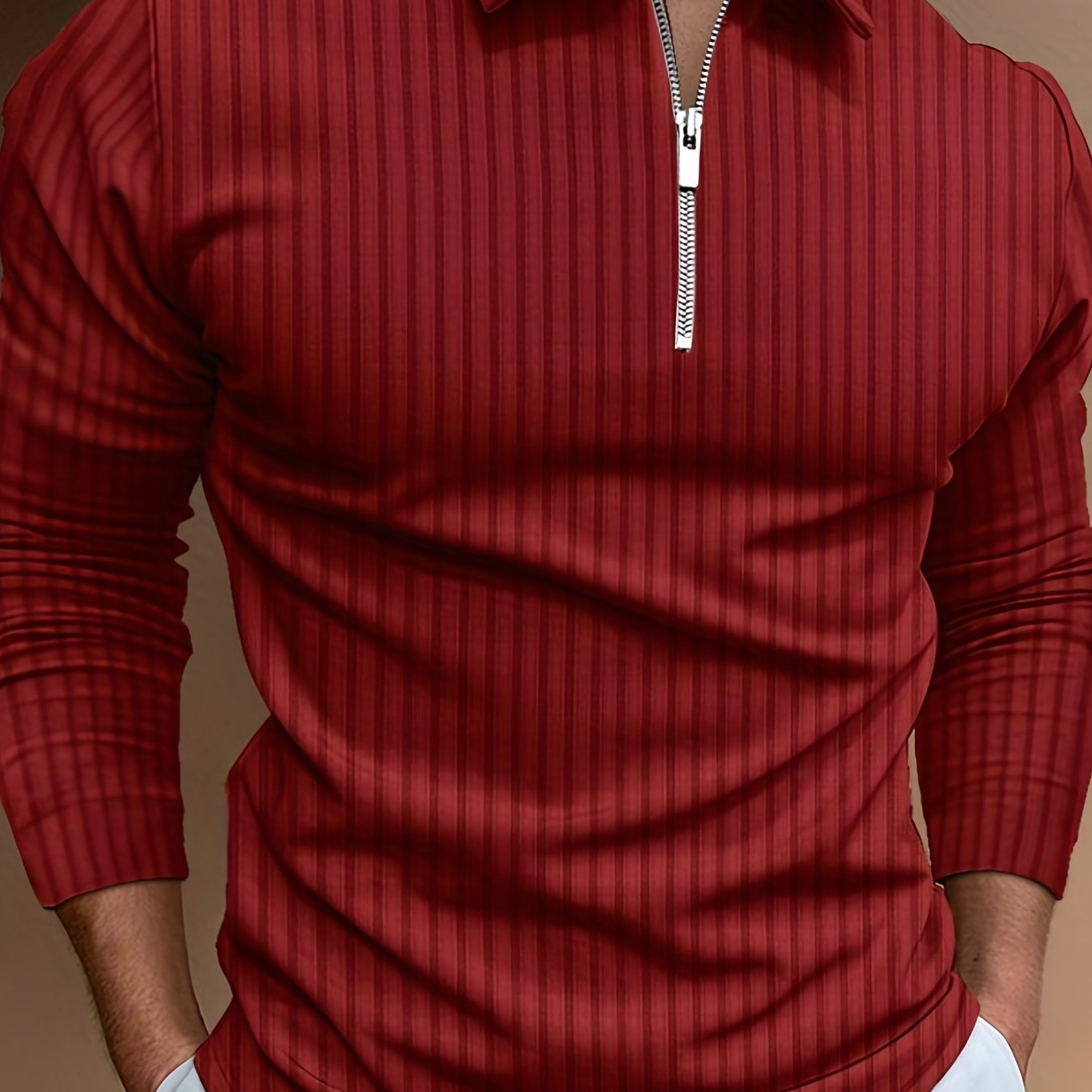 Vertical Stripe Men's Casual Long Sleeve Zipper Shirts, Lapel Collar Tops Pullovers, Men's Clothing For Spring Autumn