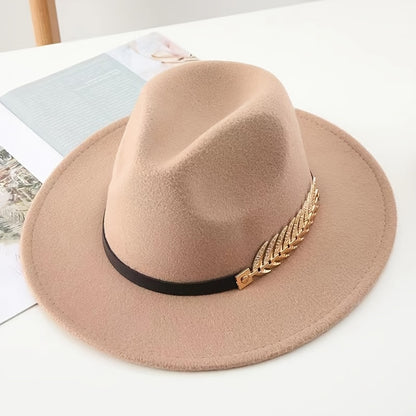 Retro Tweed Bowler Hat with HMetal Wheat & Belt Accessories - A Stylish Minimalistic Jazz Hat with a Large Brim