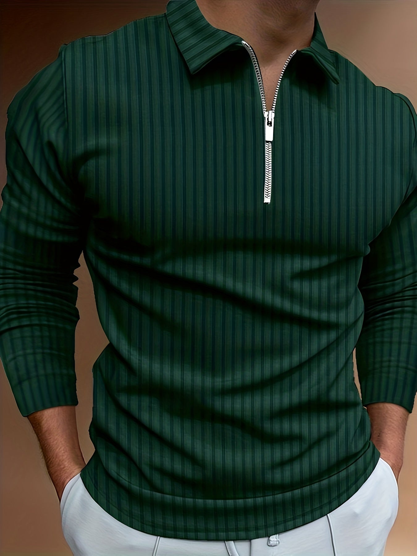 Vertical Stripe Men's Casual Long Sleeve Zipper Shirts, Lapel Collar Tops Pullovers, Men's Clothing For Spring Autumn