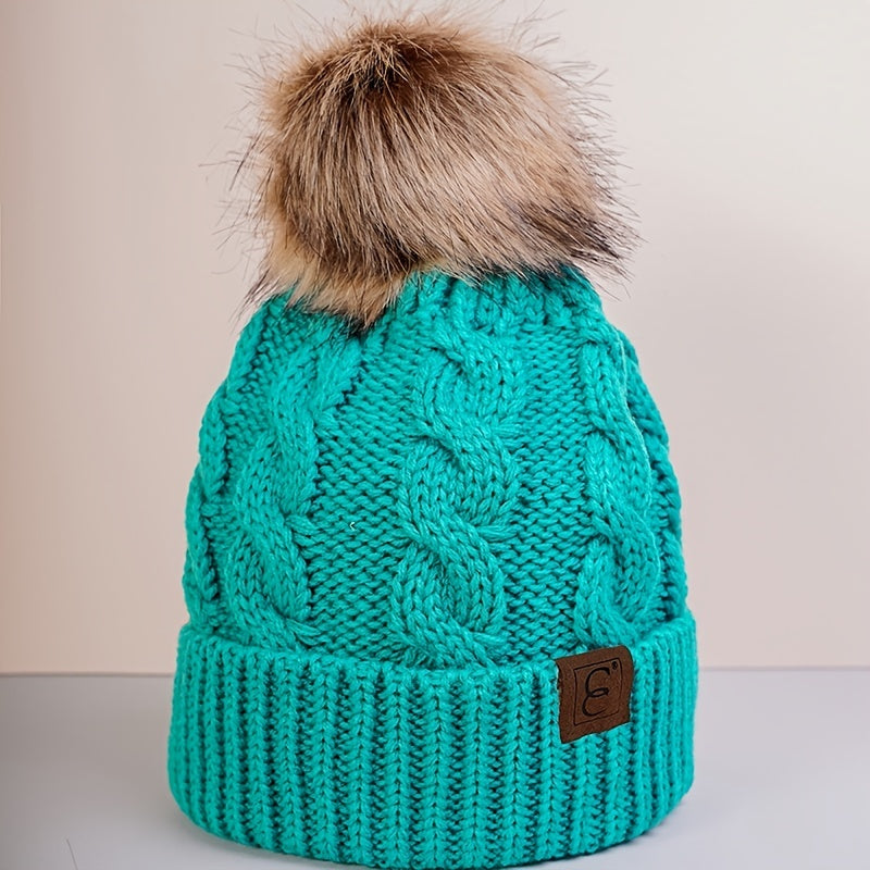 Winter Oversized Solid Color Cable Knitted Pom Pom Beanie Hat, Valentine's Gifts For Her