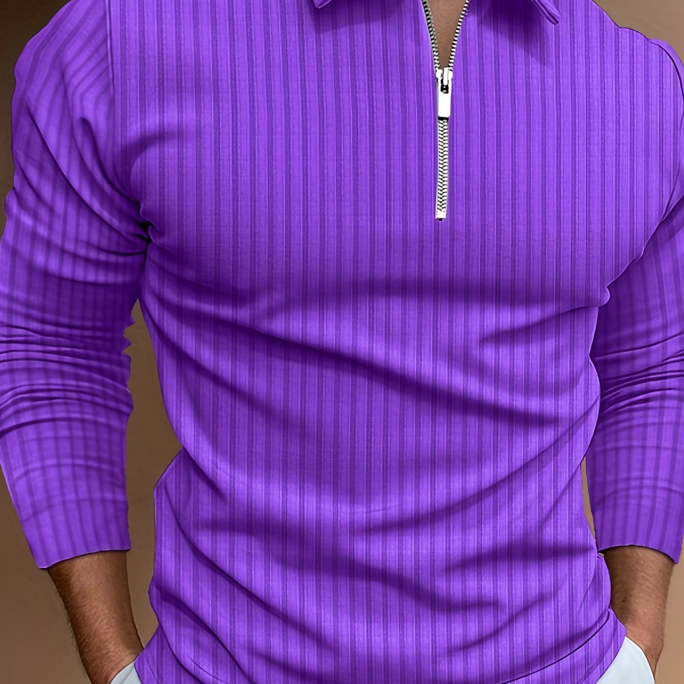 Vertical Stripe Men's Casual Long Sleeve Zipper Shirts, Lapel Collar Tops Pullovers, Men's Clothing For Spring Autumn
