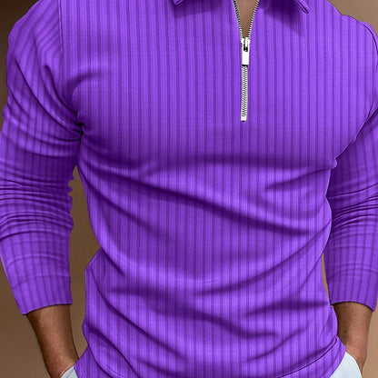 Vertical Stripe Men's Casual Long Sleeve Zipper Shirts, Lapel Collar Tops Pullovers, Men's Clothing For Spring Autumn