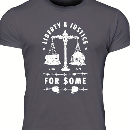 Men's "Liberty & Justice" Print T-shirt, Casual Comfy Slightly Stretch Crew Neck Tee, Men's Clothing For Summer Outdoor