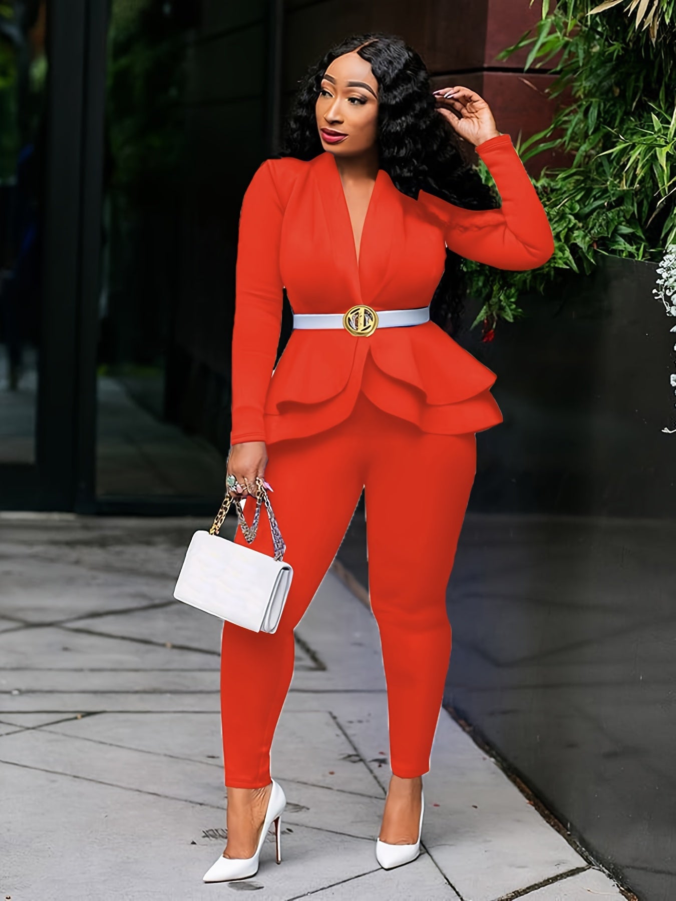 Fall/Winter Chic Solid Bodycon Tunic Pantsuit - Deep V-Neck, Ruffled Hem, Long Sleeve, Easy-Care Stretch Fabric for Casual Elegance