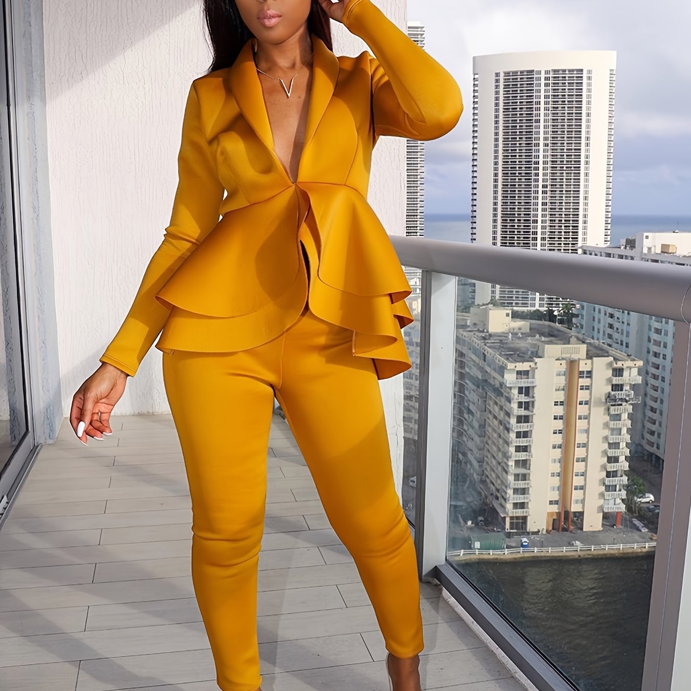 Fall/Winter Chic Solid Bodycon Tunic Pantsuit - Deep V-Neck, Ruffled Hem, Long Sleeve, Easy-Care Stretch Fabric for Casual Elegance