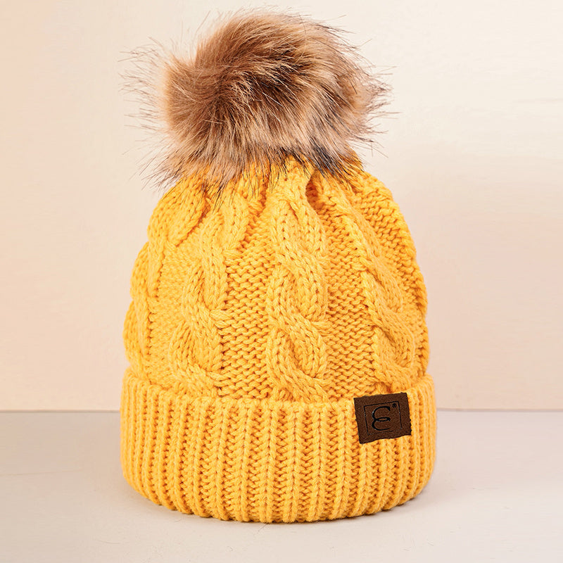 Winter Oversized Solid Color Cable Knitted Pom Pom Beanie Hat, Valentine's Gifts For Her