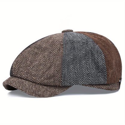 Men's Retro Octagonal Herringbone Hat, Casual Striped Beret, Gatsby Flat Hat