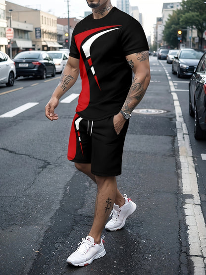 2Pcs Trendy Outfits For Men, Casual Crew Neck Short Sleeve T-shirt And Drawstring Shorts Set For Summer, Men's Clothing Vacation Workout