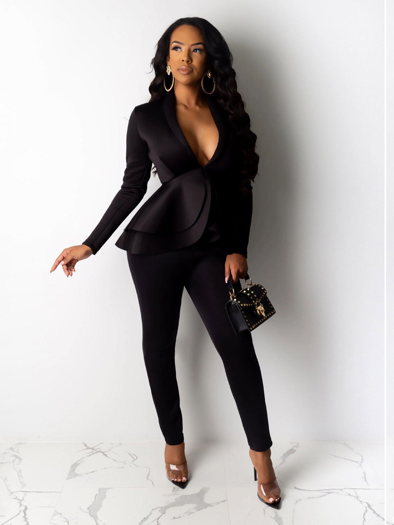 Fall/Winter Chic Solid Bodycon Tunic Pantsuit - Deep V-Neck, Ruffled Hem, Long Sleeve, Easy-Care Stretch Fabric for Casual Elegance