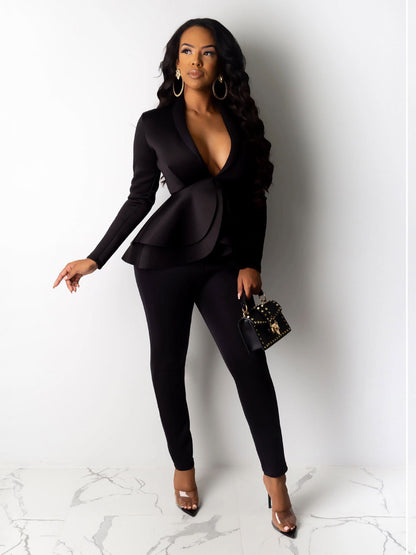 Fall/Winter Chic Solid Bodycon Tunic Pantsuit - Deep V-Neck, Ruffled Hem, Long Sleeve, Easy-Care Stretch Fabric for Casual Elegance