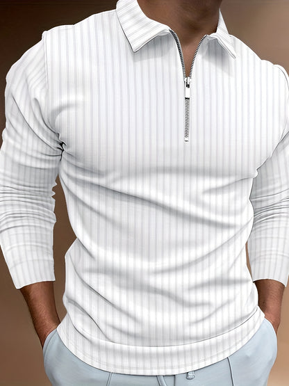 Vertical Stripe Men's Casual Long Sleeve Zipper Shirts, Lapel Collar Tops Pullovers, Men's Clothing For Spring Autumn