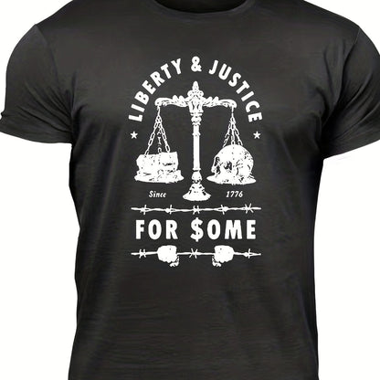 Men's "Liberty & Justice" Print T-shirt, Casual Comfy Slightly Stretch Crew Neck Tee, Men's Clothing For Summer Outdoor