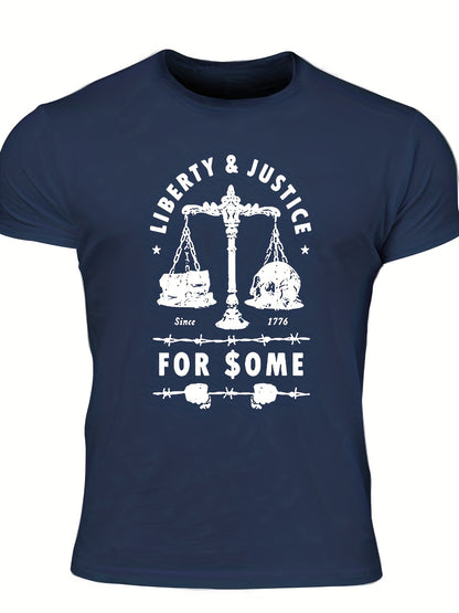 Men's "Liberty & Justice" Print T-shirt, Casual Comfy Slightly Stretch Crew Neck Tee, Men's Clothing For Summer Outdoor
