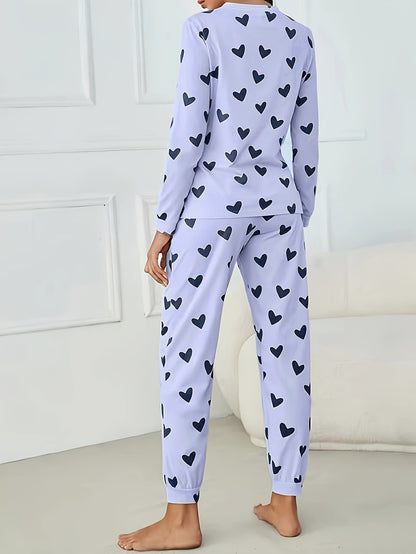 Long Sleeve Heart Print Pajama Set, Crew Neck Top & Elastic Waistband Pants for Women's Sleepwear & Loungewear