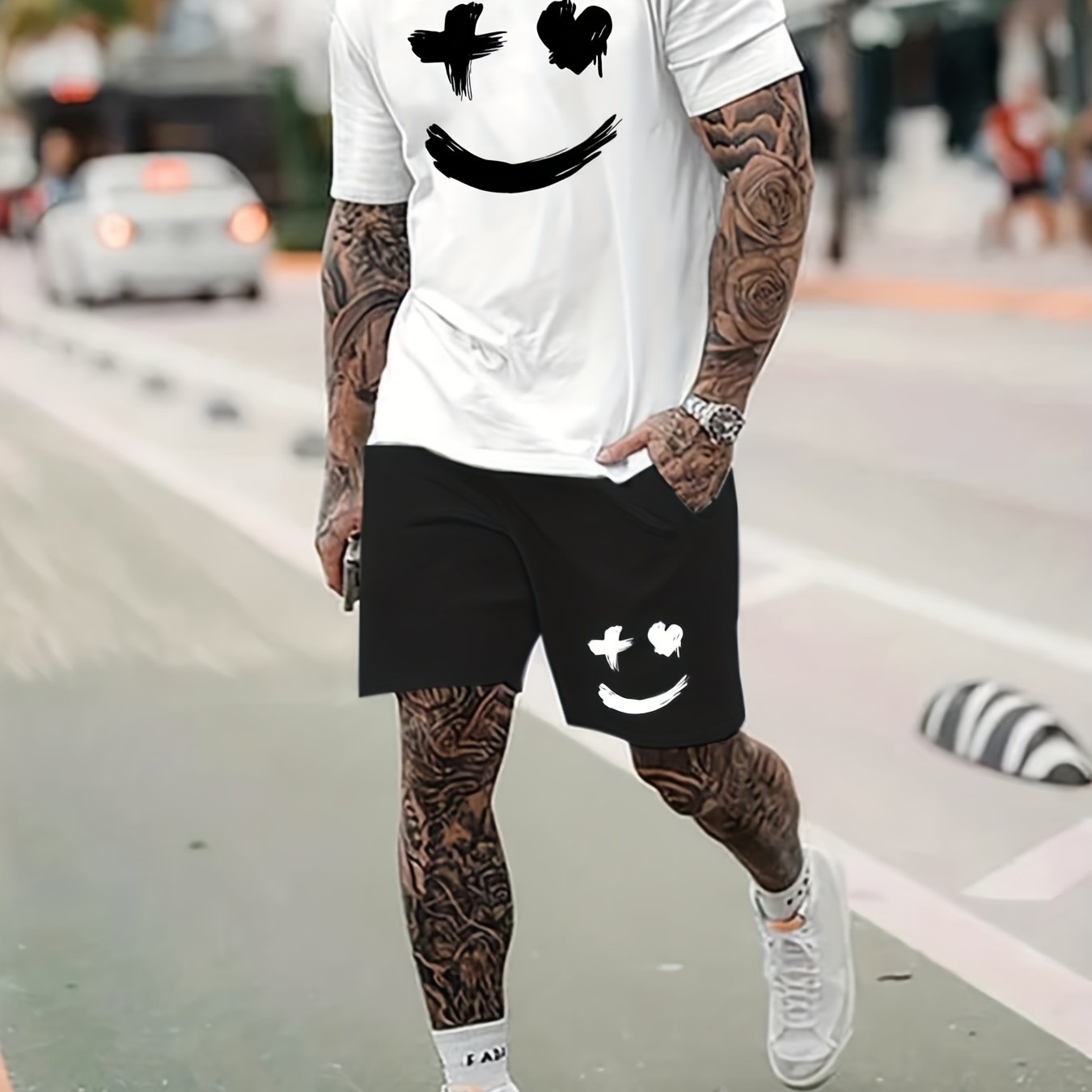 Big Smile Pattern 2Pcs Trendy Outfits For Men, Casual Crew Neck Short Sleeve T-shirt And Drawstring Shorts Set For Summer, Men's Clothing for Vacation Workout